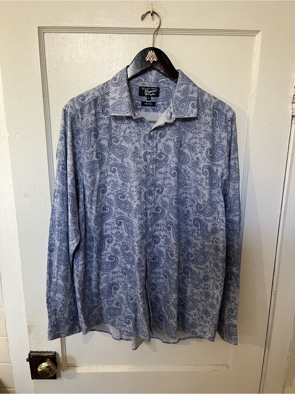 Original Penguin Men's Large Blue Paisley Long Sleeve Button Up Dress Shirt EUC